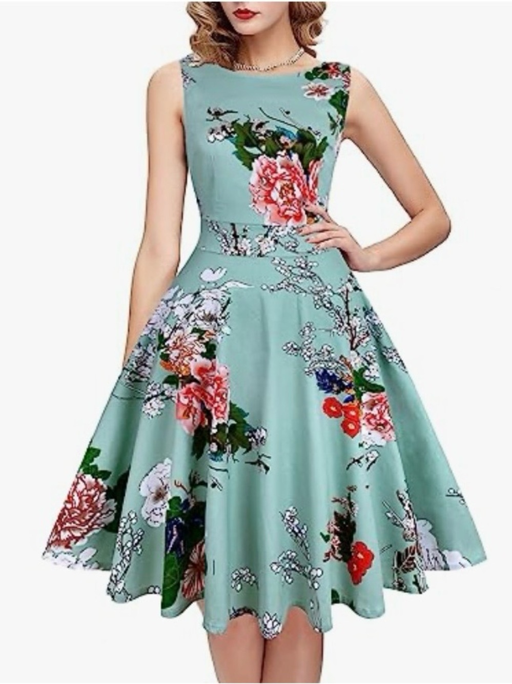 OWIN Women’s Mint Green Floral Fit & Flare Tie Crew Neck Sleeveless Swing Dress